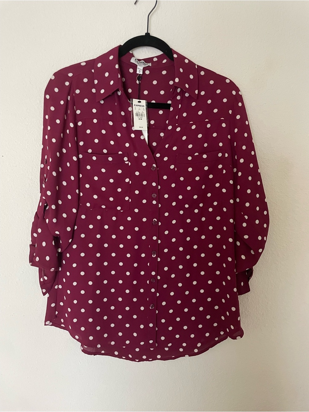 Express The Portofino Shirt Burgundy Polka Dot NWT Size M